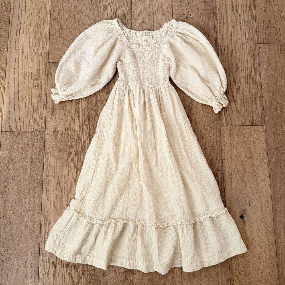 Adobe Lane Prescott Dress Small Cream Gauze Smocked Puff Sleeve Cottagecore